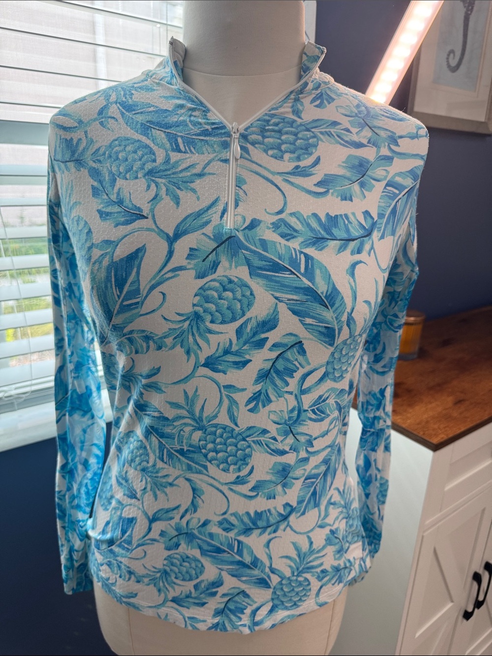 IBKUL- Blue Tropical Print Quarter-Zip Mens Shirt